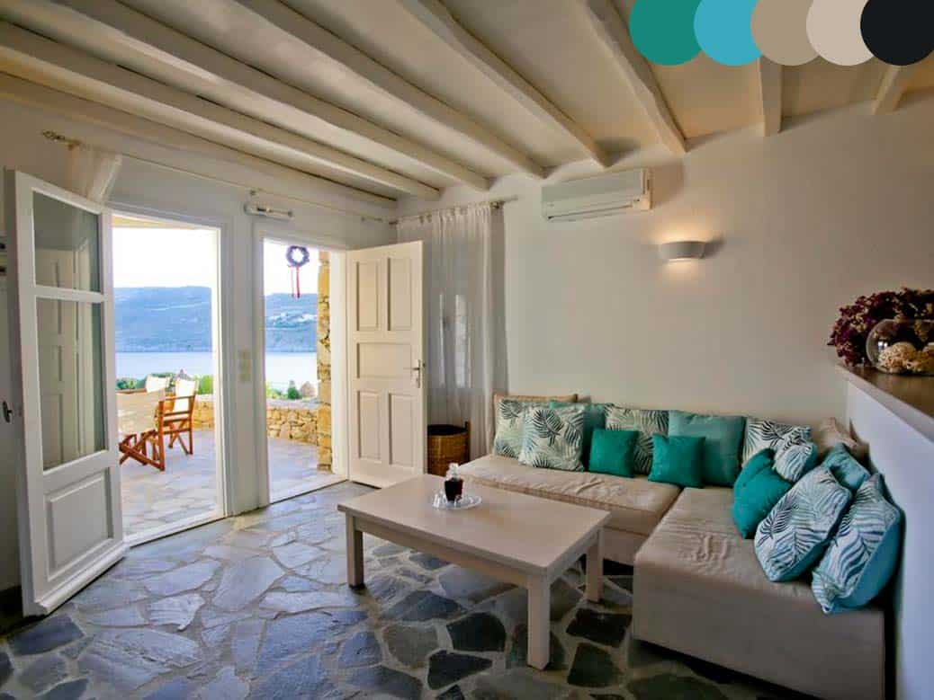 Example of great room styling and color harmony of Salty Houses rooms in Mykonos island Greece